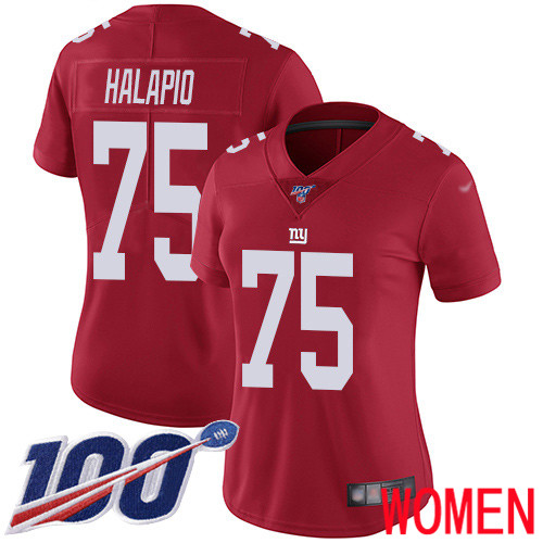Women New York Giants #75 Jon Halapio Red Limited Red Inverted Legend 100th Season Football NFL Jersey